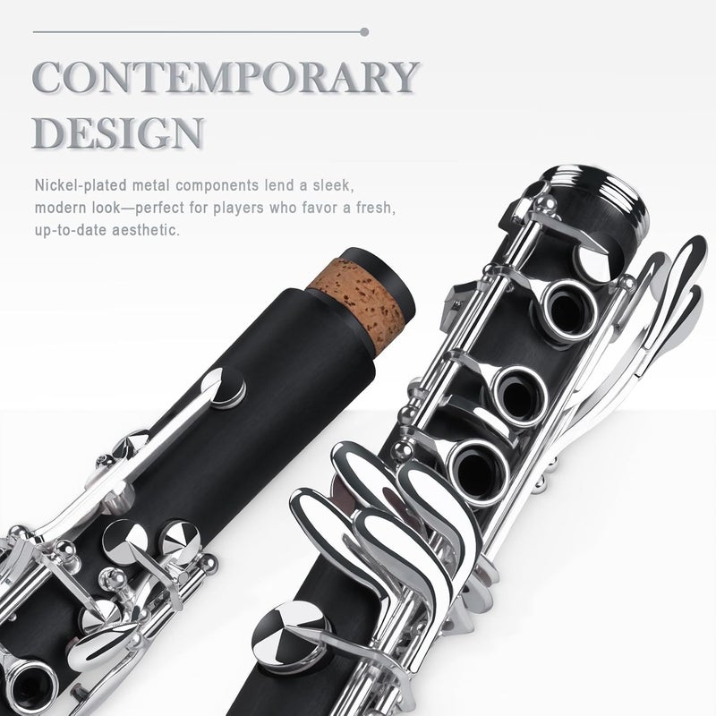 SONICAKE B Flat Clarinet for Beginner & Student, Nickel-plated Bb Ebonite Clarinet 2 Barrels, Reeds with Cleaning Kit, White Gloves and Hard Case, Black, QCR-01 - Image 3